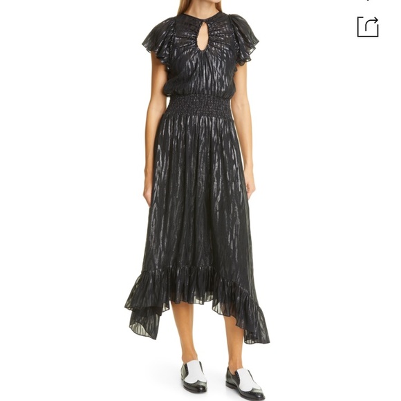 Rebecca Taylor | Metallic ‘Safari’ Silk MIDI Dress w/Flutter Sleeve - Picture 1 of 15